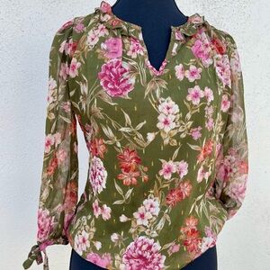 Green and Pink Floral Peasant Blouse XS by Haver & Blair
